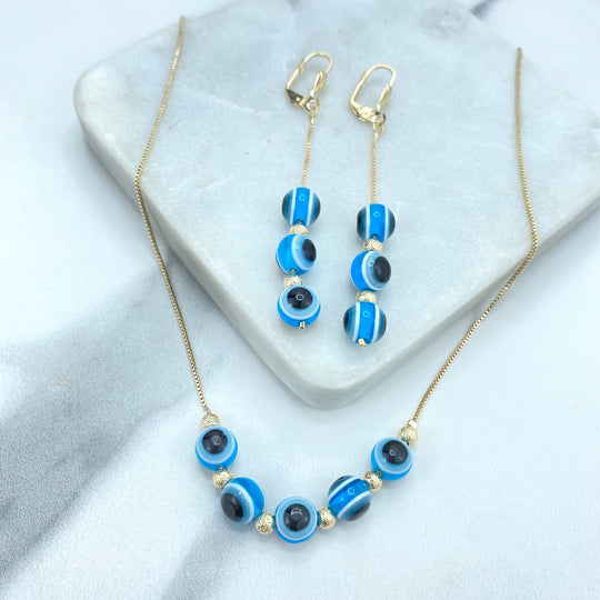 18k Gold Filled Blue Evil Eyes Beads and Gold Beads with Box Chain Link Necklace and Drop Dangle Earrings Set