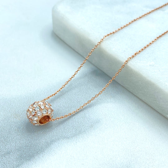 Rose Gold Filled Delicate Necklace with CZ Cylinder Charm Front, and Pink Enamel Star Extender