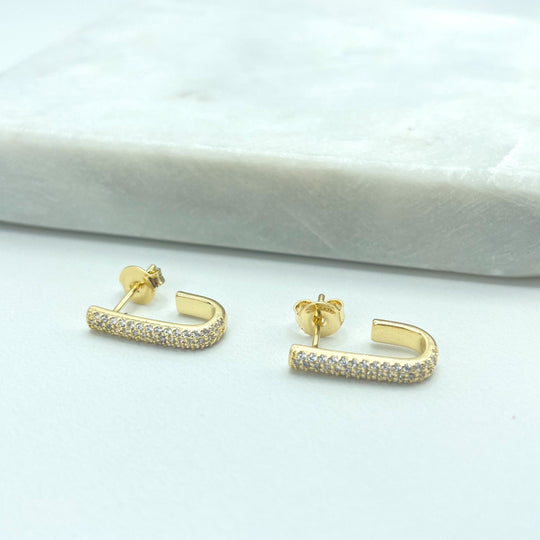 18k Gold Filled "J" Shape Stud Earrings Featuring Micro Pave Cubic Zirconia