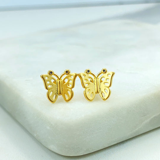 18k Gold Filled Butterfly Shape Stud Earrings, with Micro Black CZ, Petite Butterfly Earrings