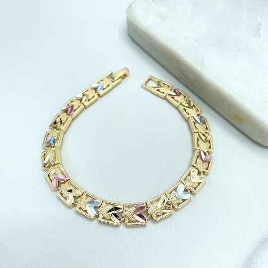 18k Gold Filled Tri-Tone Double Hearts Bracelet with Cutout Square Linked Shape Chain