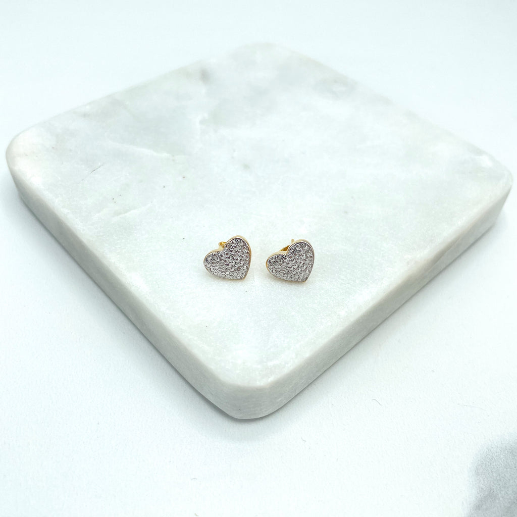 18k Gold Filled Two Tone Clear Micro CZ Heart Shape Stud Earrings, Romantic