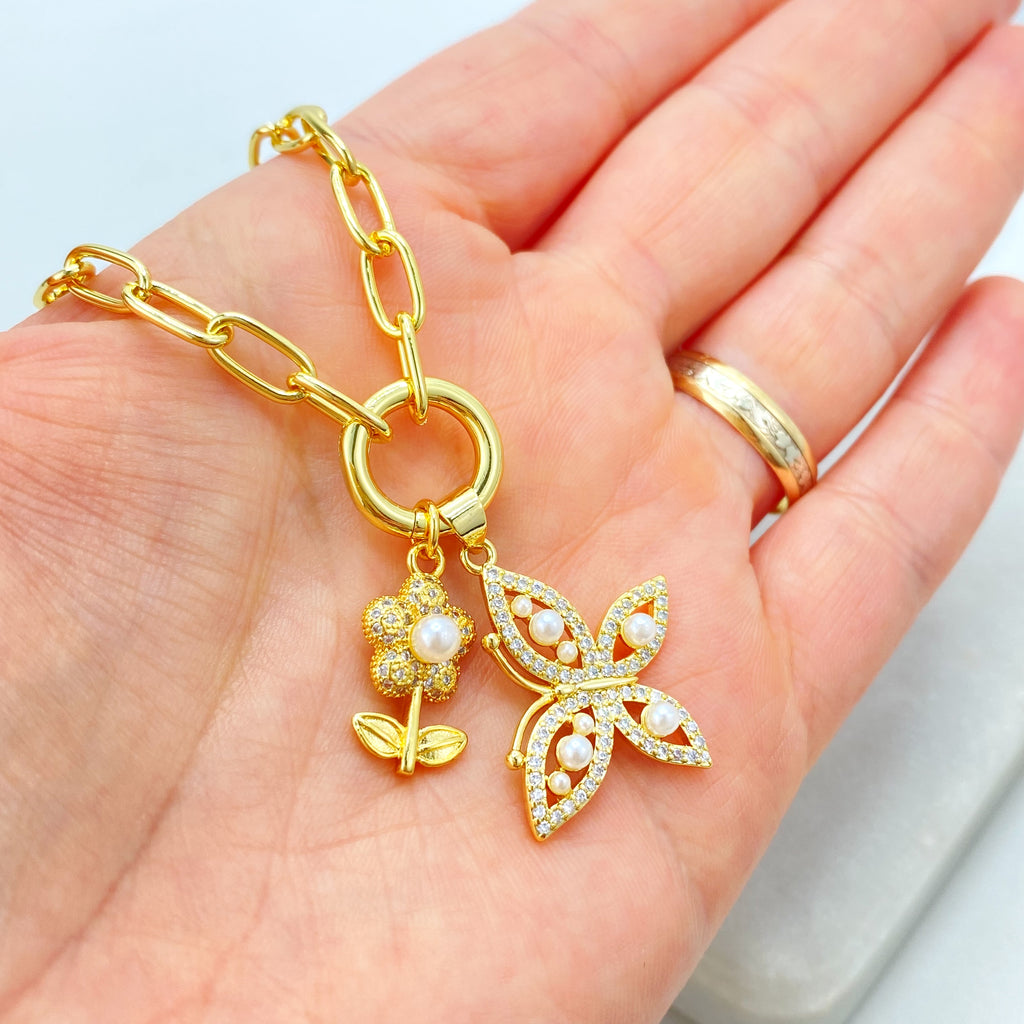 18k Gold Filled Necklace, Paperclip Chain with CZ & Pearl Flower Butterfly Charms Necklace, 16" + Extender
