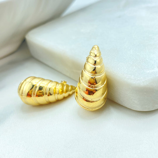 18k Gold Filled Ribbed Teardrop Dome Earrings, Chunky Vintage Drop Shape Earrings, Textured Teardrop Puffed Earrings