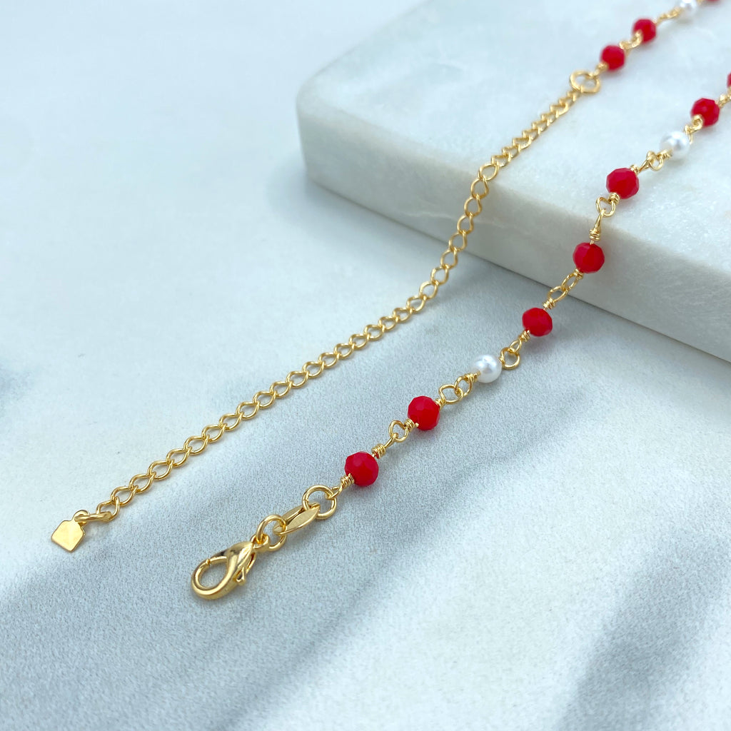 18k Gold Filled Colored Beads Set, Red White Beaded Chain, Necklace, Bracelet or Earrings