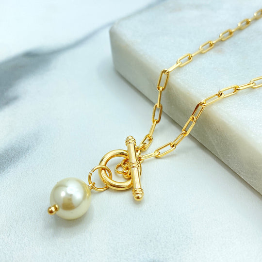 18k Gold Filled 3mm Paperclip Chain Necklace with Pearl Toggle Clasp, Thin Lariat Paperclip Necklace Featuring Elegant Pearl Closure