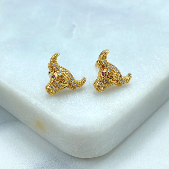 18k Gold Filled Small Head Bull Stud Earrings with CZ, Taurus Zodiac Sign Small Earrings with CZ