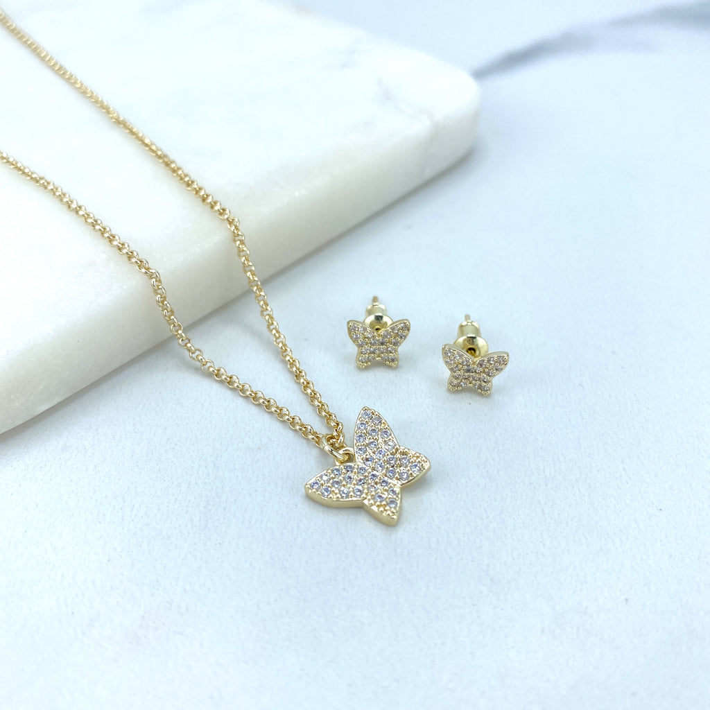 18k Gold Filled Necklace CZ Butterfly Design Charms & Stud Earrings Set