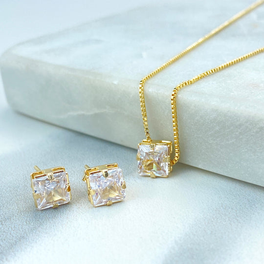 18k Gold Filled Solitaire Square CZ Necklace and Stud Earrings Set, Square CZ Jewelry Set