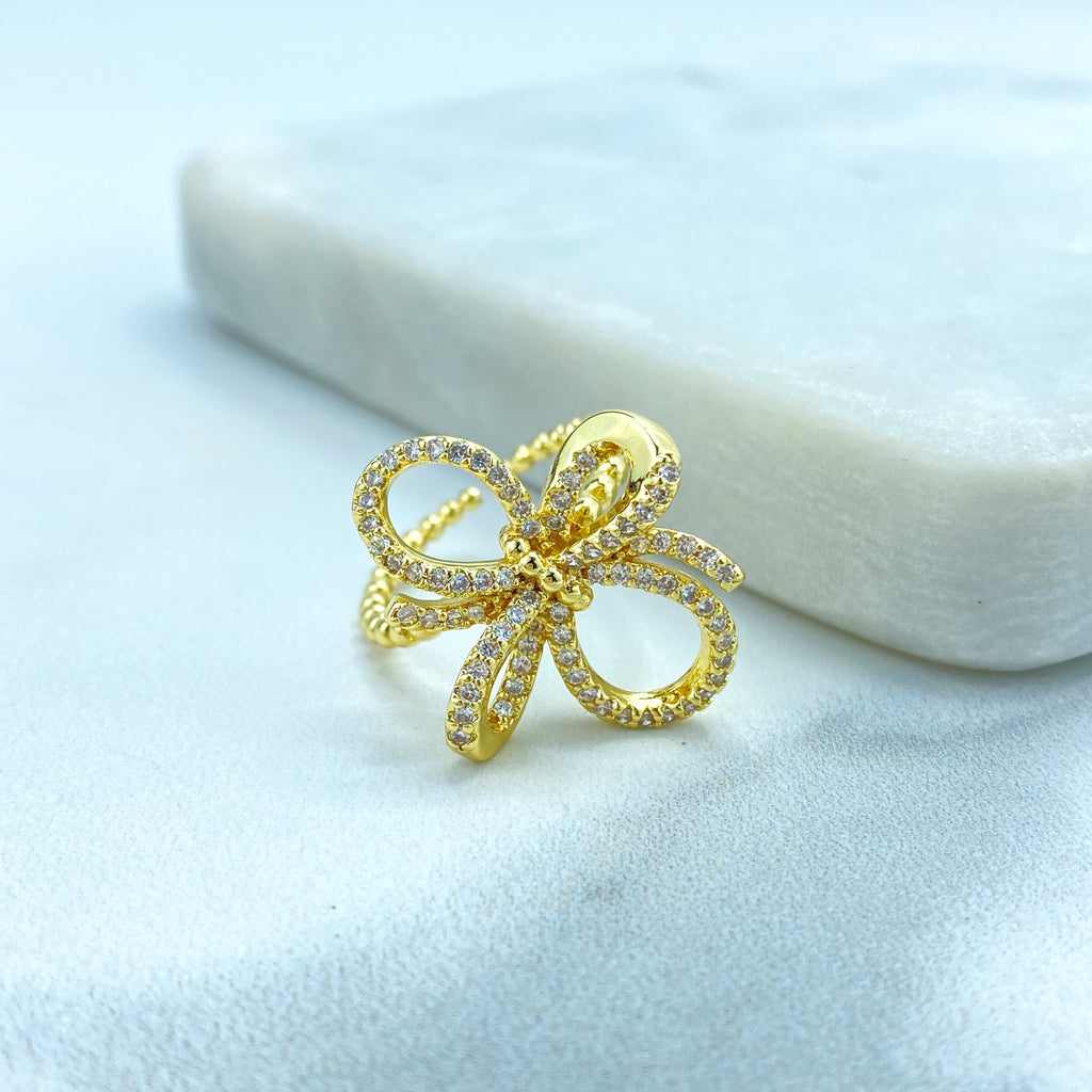 18k Gold Filled 3D Ribbon Bow Ring featuring Micro CZ | Adjustable Ring