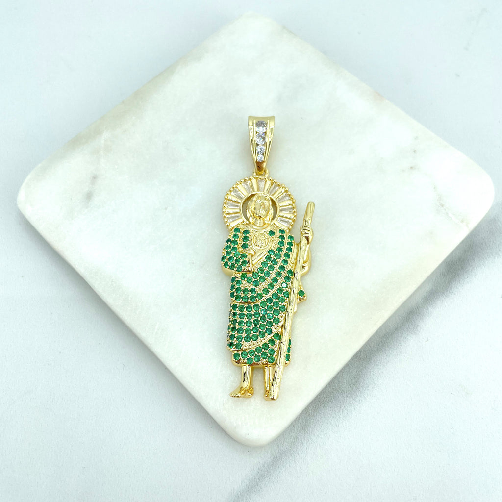 18k Gold Filled Clear Baguette & Green Micro CZ Saint Jude Charm, Religious Pendant