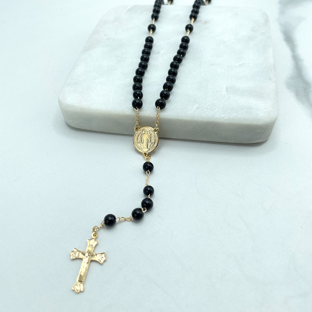 18k Gold Filled Black Beads Beaded Saint Benedict Rosary