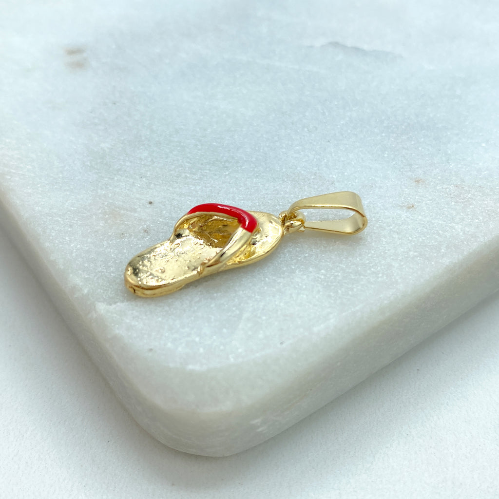 18k Gold Filled 3d Flip Flops Charm with Red Enamel, Summer Charm, Petite Red Sandal Pendant