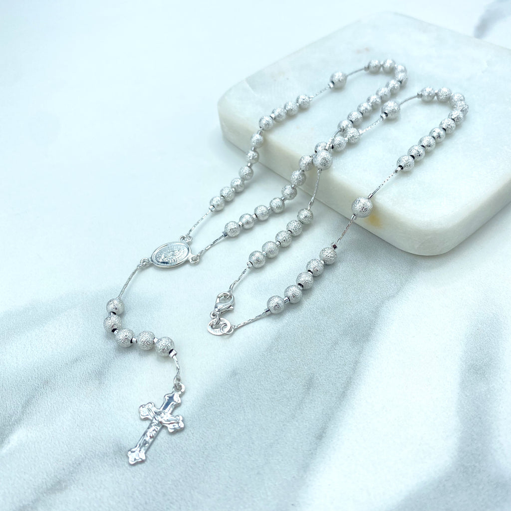 Silver Filled Our Lady of Guadalupe Beaded Rosary, Textured Beads Rosary Virgen de Guadalupe Charm & Jesus on the Cross