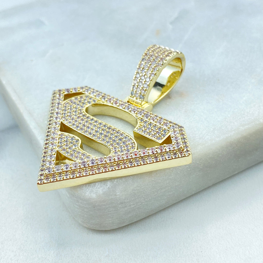 18k Gold Filled Cubic Zirconia Pave Superman Pendant