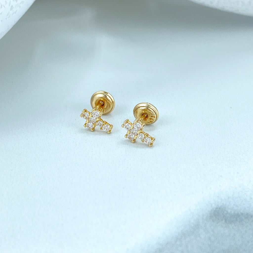 14k Solid Gold Cross Shape Stud Earrings, Polished or featuring Cubic Zirconia