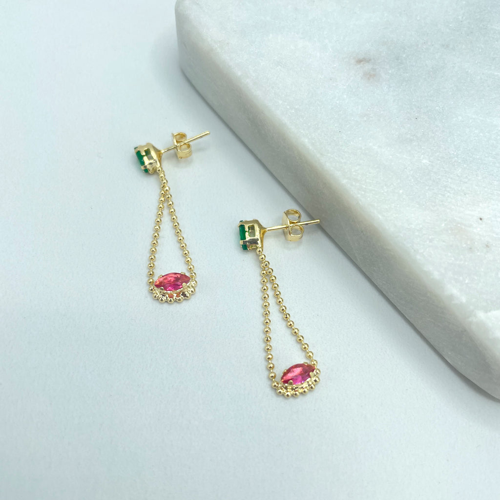 18k Gold Filled Drop and Dangle Earrings, Teardrop Shape Earrings, Green & Pink CZ