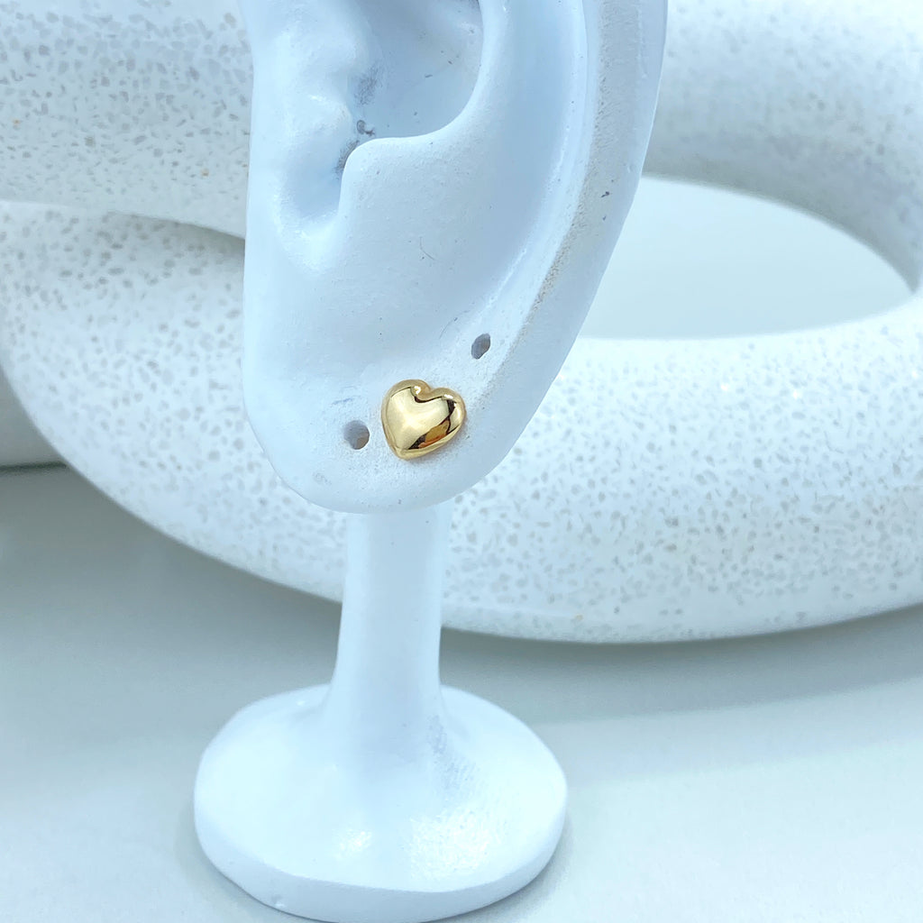 14k Solid Gold Heart Stud Earrings, 14k Solid Yellow Gold Puffed Polished Stud Earrings