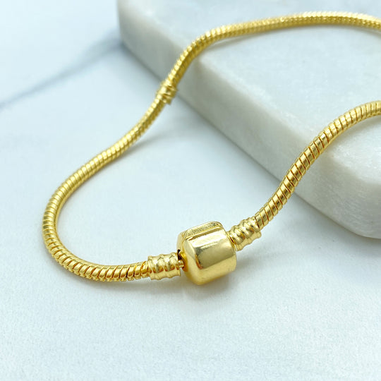 18k Gold Filled Snake Chain Bracelet, European Style Charm Bracelet, Cable Bangle for Charms, Barrel Clasp, Charm Holder Bracelet