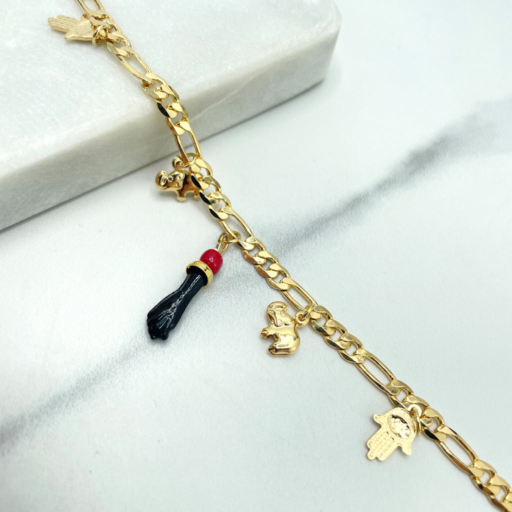 18k Gold Filled 4mm Figaro Chain Bracelet, Dangle Puffed Elephant & Flat Hamsa Hand Charms