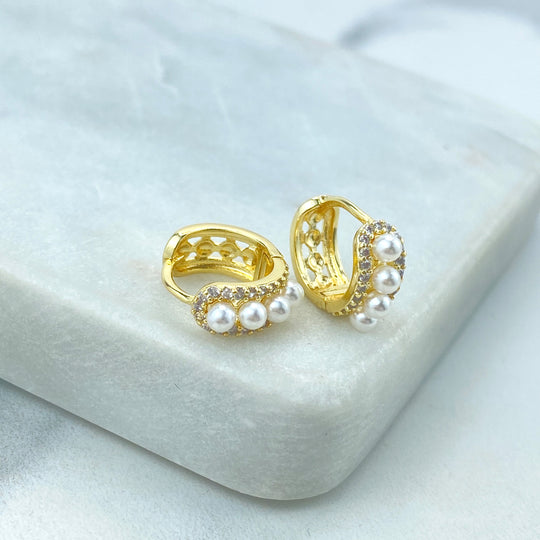 18k Gold Filled Timeless Huggie Earrings, with Micro CZ and Pearl, Fine Huggie, Classic and Minimalist Huggie