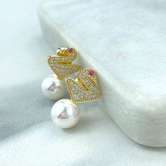 18k Gold Filled Swan Earrings with Pearl and Micro CZ, Swan Stud Earrings with Micro Pave and Pearl