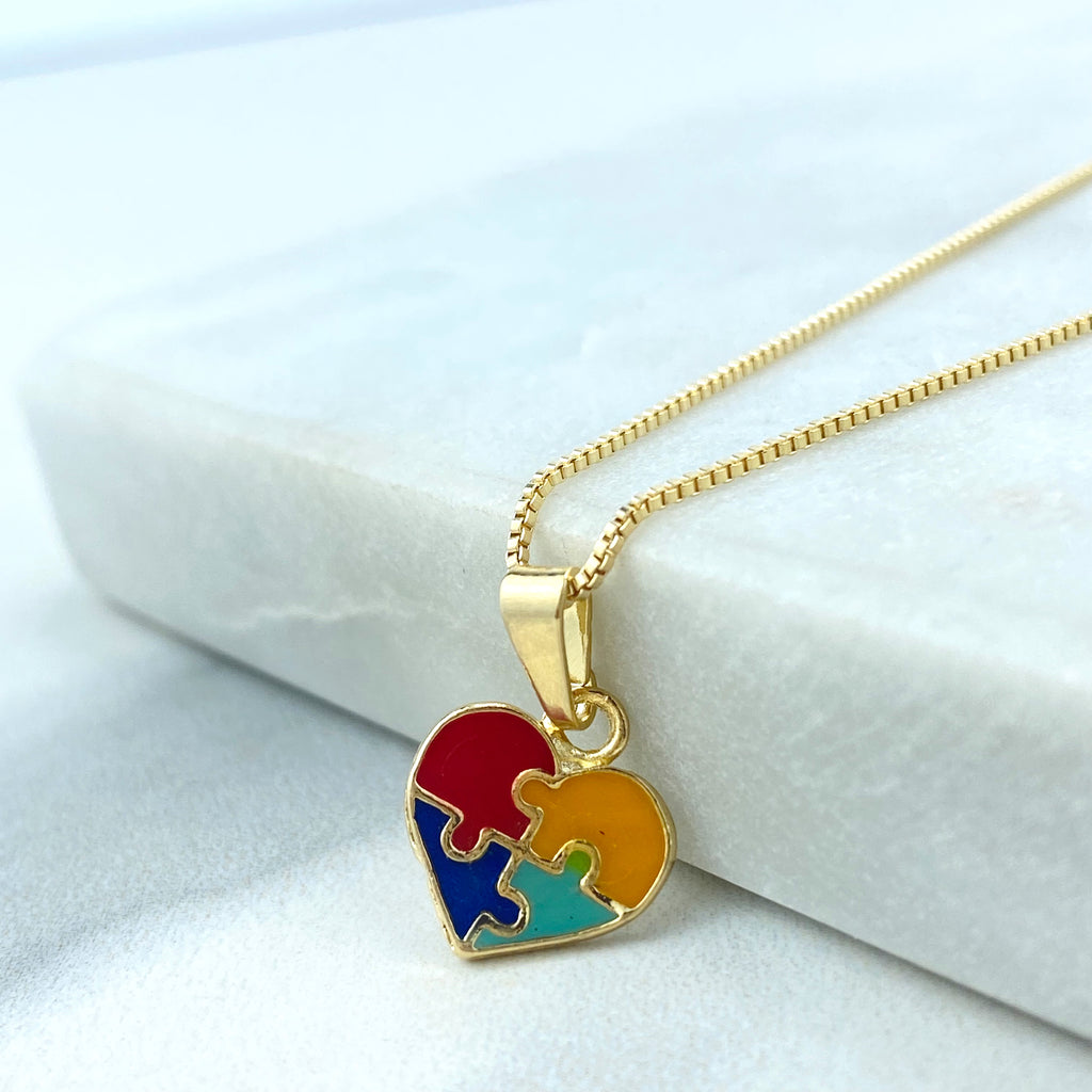 18k Gold Filled Jewelry Set Autism Awareness, Autism Colorful Heart Puzzle Necklace & Stud Earrings Set, Autism Symbol