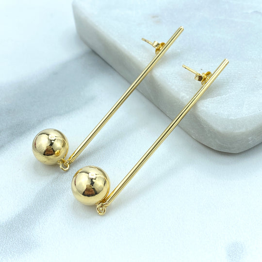 18K Gold Filled Stick & Drop Earrings, Gold Ball Dangle Earrings, Stick and Ball Drop Earrings