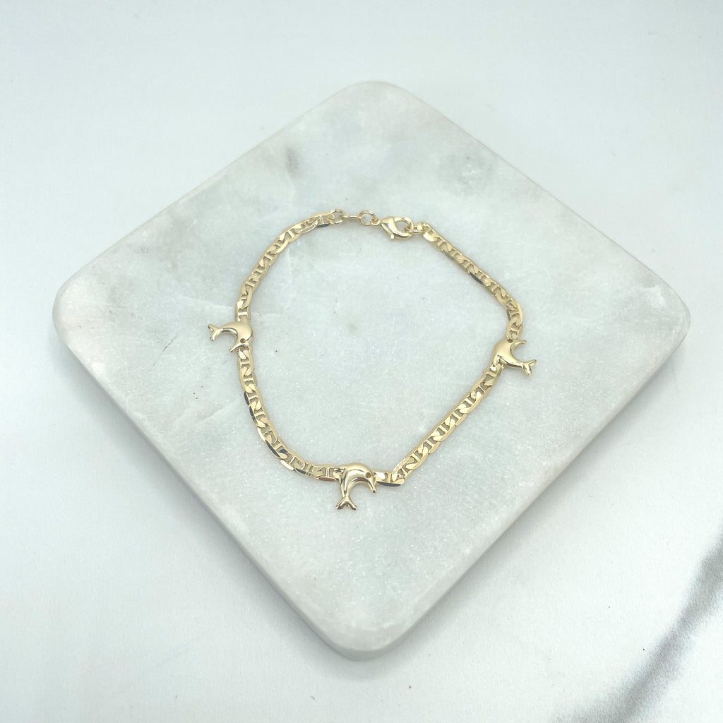 18k Gold Filled 3mm Mariner Link Chain Bracelet featuring Dolphin Charms Linked Bracelet