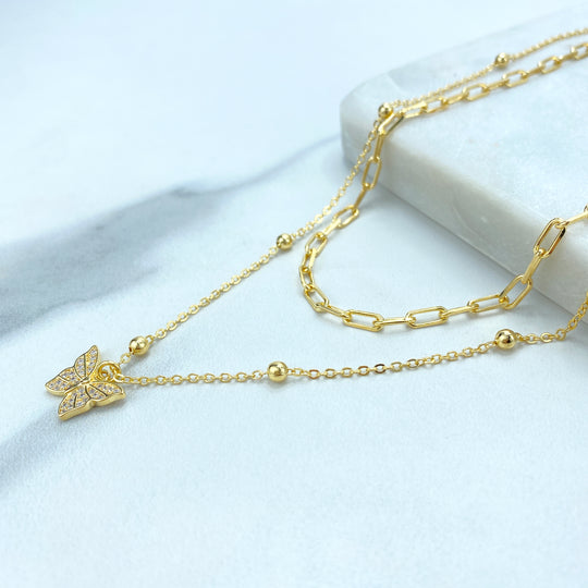 18K Gold Filled Double Necklace with Butterfly Charm featuring Micro Pave CZ, Paperclip 16" Satellit Chain 18"