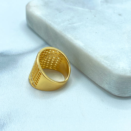 18k Gold Filled Clear Micro Pave Cubic Zirconia Asymmetrical Mesh Grid Ring