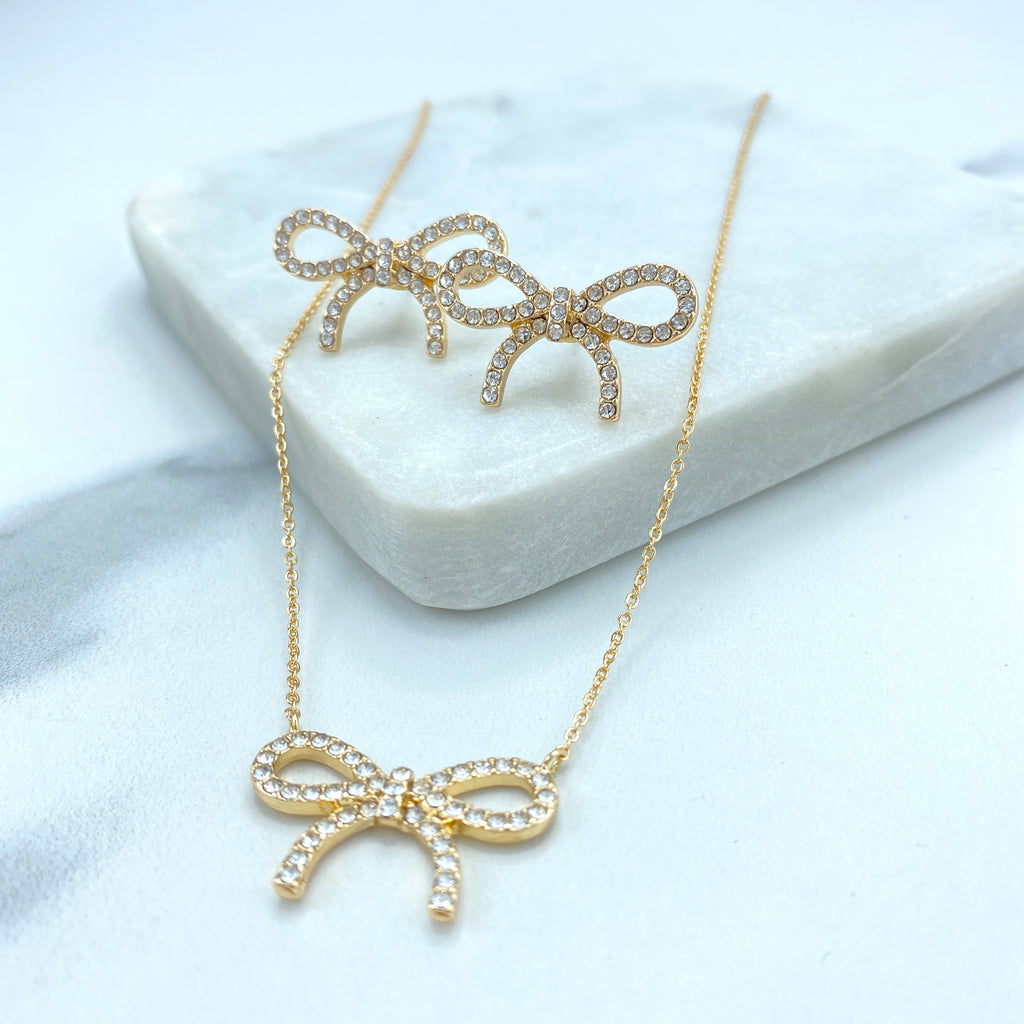 18k Gold Filled Ribbon Bow Stud Earrings or Necklace featuring Clear Cubic Zirconia Set