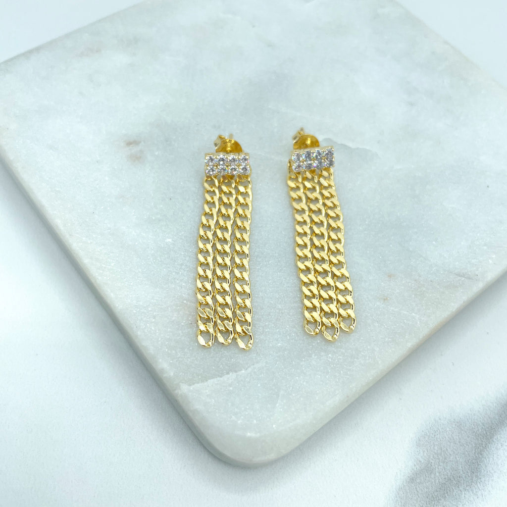 18k Gold Filled Curb Link Chain Tassel Earrings with Rectangular Clear Cubic Zirconias,Top