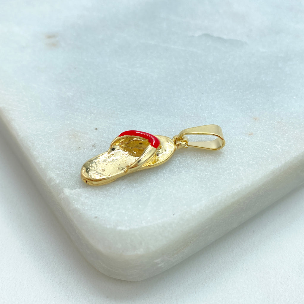 18k Gold Filled 3d Flip Flops Charm with Red Enamel, Summer Charm, Petite Red Sandal Pendant