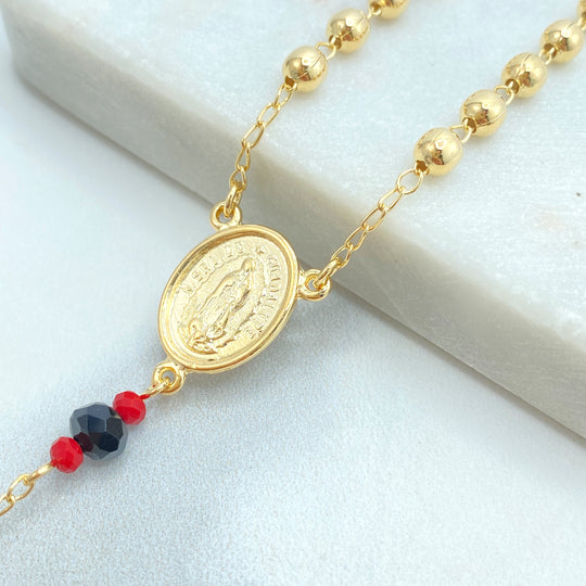 18k Gold Filled Virgen De Guadalupe Rosary, Our Lady of Guadalupe Medal Rosary, Linked with Gold Balls and Azabache