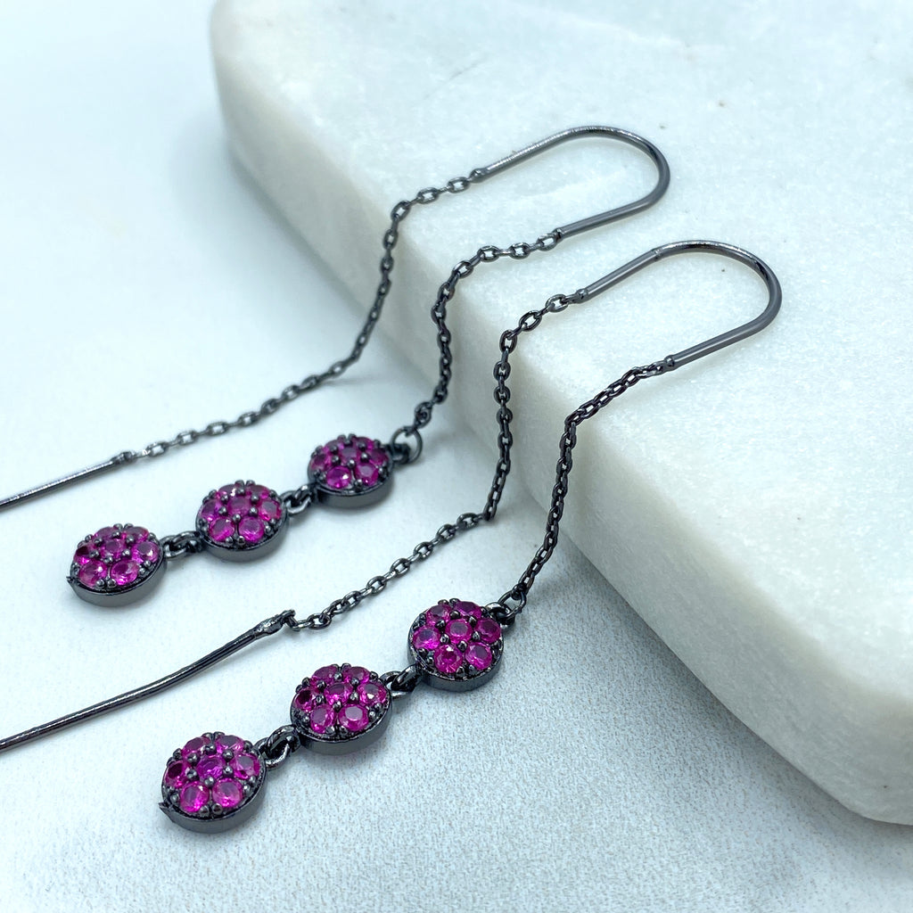 Rhodium Hematite Tone Chain Threader Earrings with Colored Cubic Zirconia Drop Circles, Pink, Green or Purple