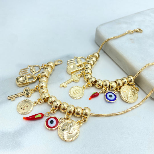 18k Gold Filled Charm Bracelet featuring Powerful Protection Symbols, Hamsa Hand, Key, Lock, Chili, Money Coin, Red OR Blue Evil Eye