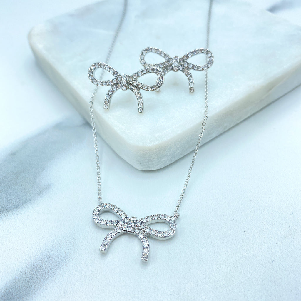 Silver Filled Ribbon Bow Stud Earrings or Necklace featuring Clear Cubic Zirconia Set