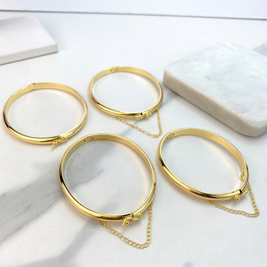 18k Gold Filled Bangle Bracelets with Safety Clasp and Chain, or Safety Clasp without Chain, Available in Different Sizes