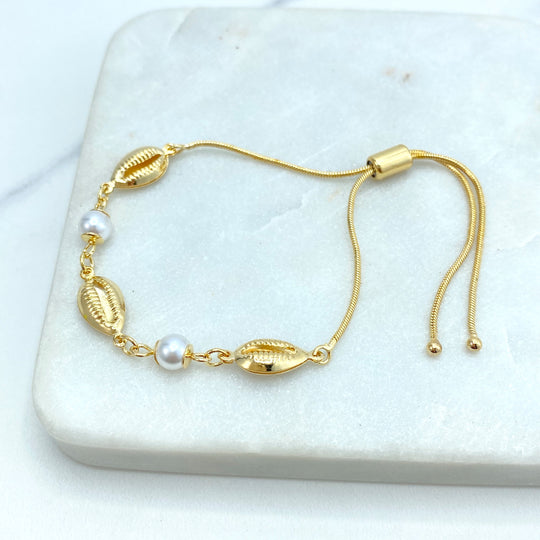 18k Gold Filled Cowrie Shell, Simulated Pearl and Clamshell Linked Charms Bracelet, Adjustable Bracelet, Beach Jewel