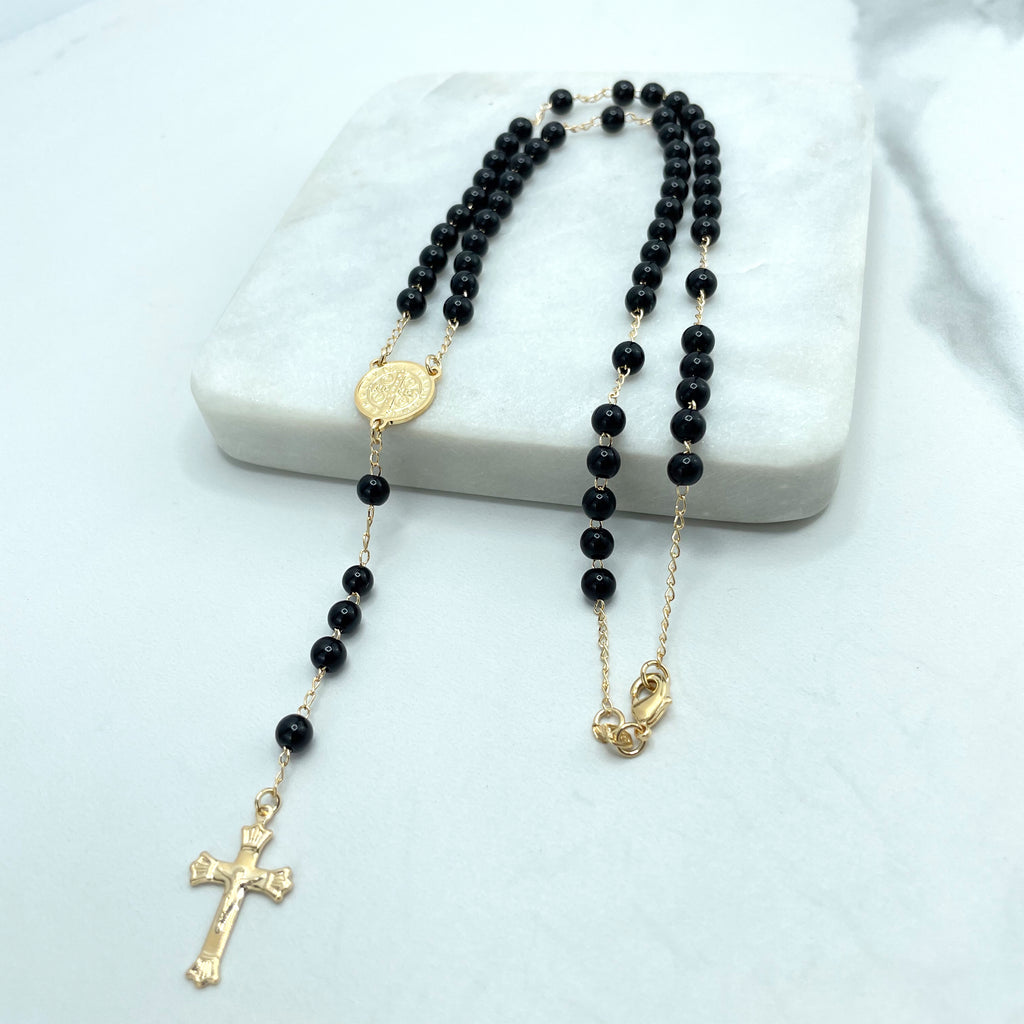 18k Gold Filled Black Beads Beaded Saint Benedict Rosary