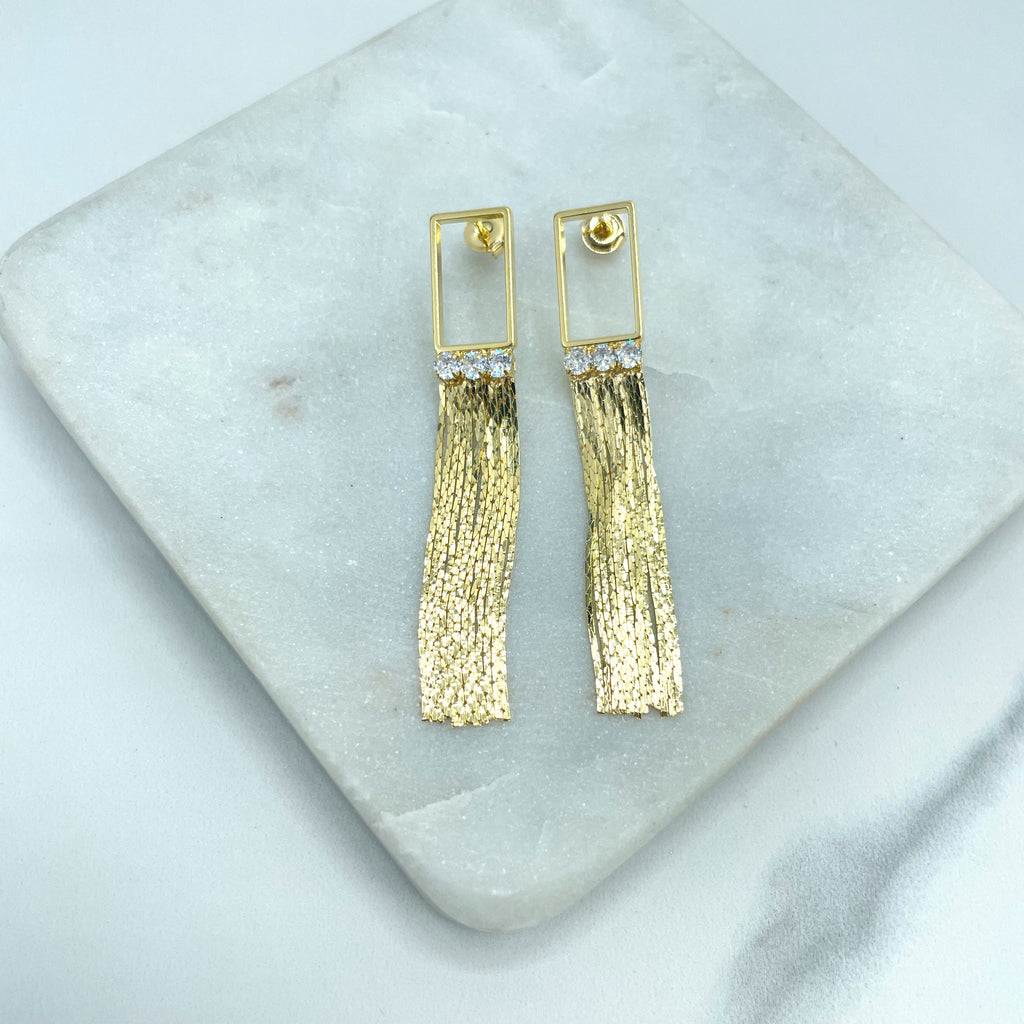 18k Gold Filled Tassel Earrings with Clear Cubic Zirconia and Cutout Rectangle on Top