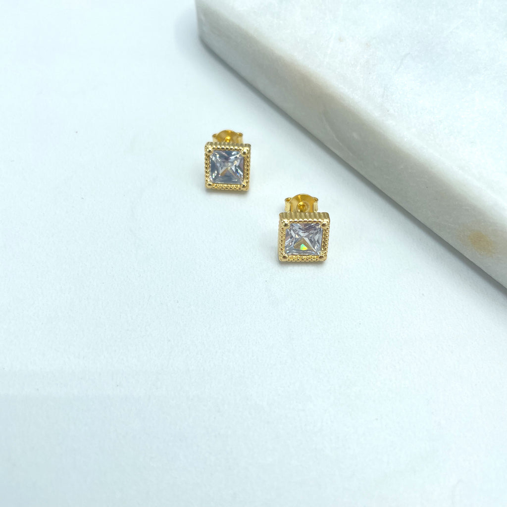 18k Gold Filled Clear Cubic Zirconia Square Shape Stud Earrings, Solitaire Square Zirconia