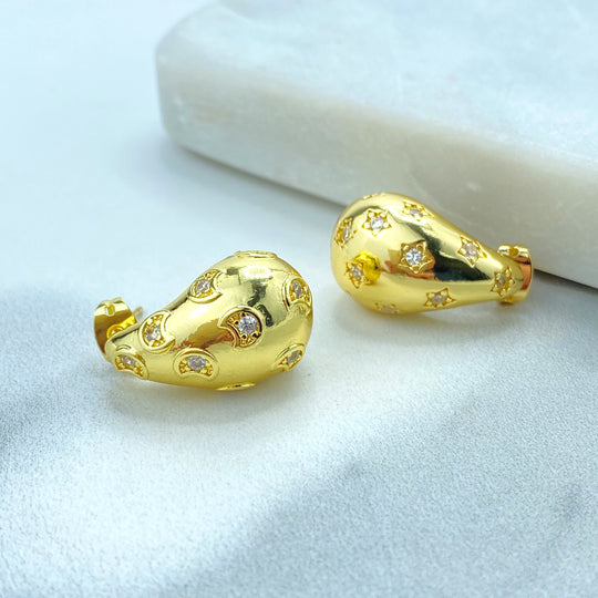 18k Gold Filled Chunky Vintage Drop Shape Earrings, Teardrop Puffed Earrings with Micro CZ, Moon and Star.