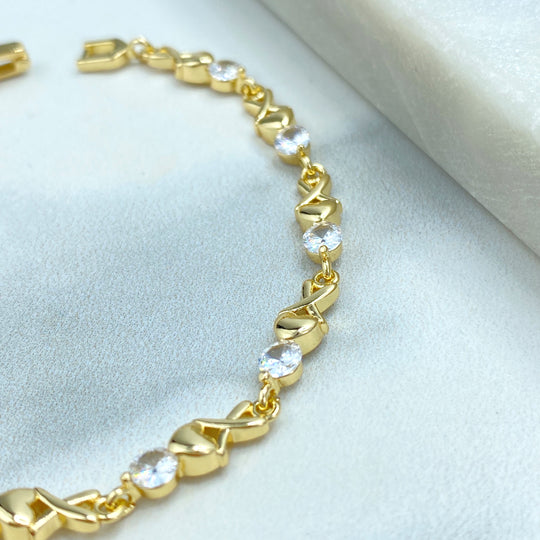 18k Gold Filled XOXO Style with Linked Cubic Zirconia Bracelet, Heart with X and CZ Linked Bracelet