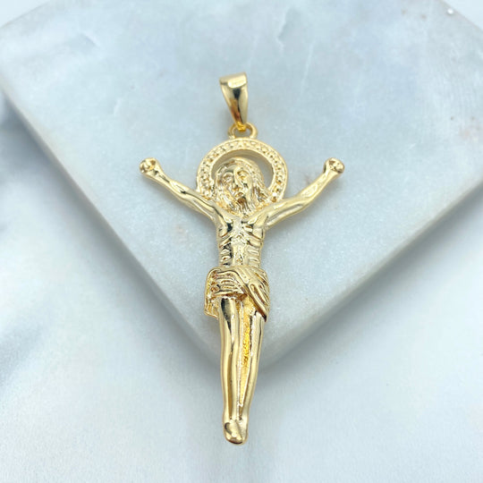 18k Gold Filled Jesus Christ Crucifix Pendant with Radiant Halo, Symbolizing Faith and Redemption