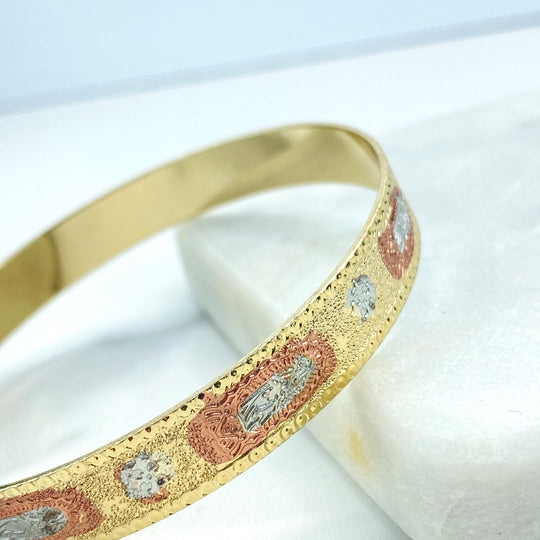 18k Gold Filled Tri Tone Bangle Bracelet with Textured Virgen De Guadalupe, Our Lady of Guadalupe Bangle Bracelet