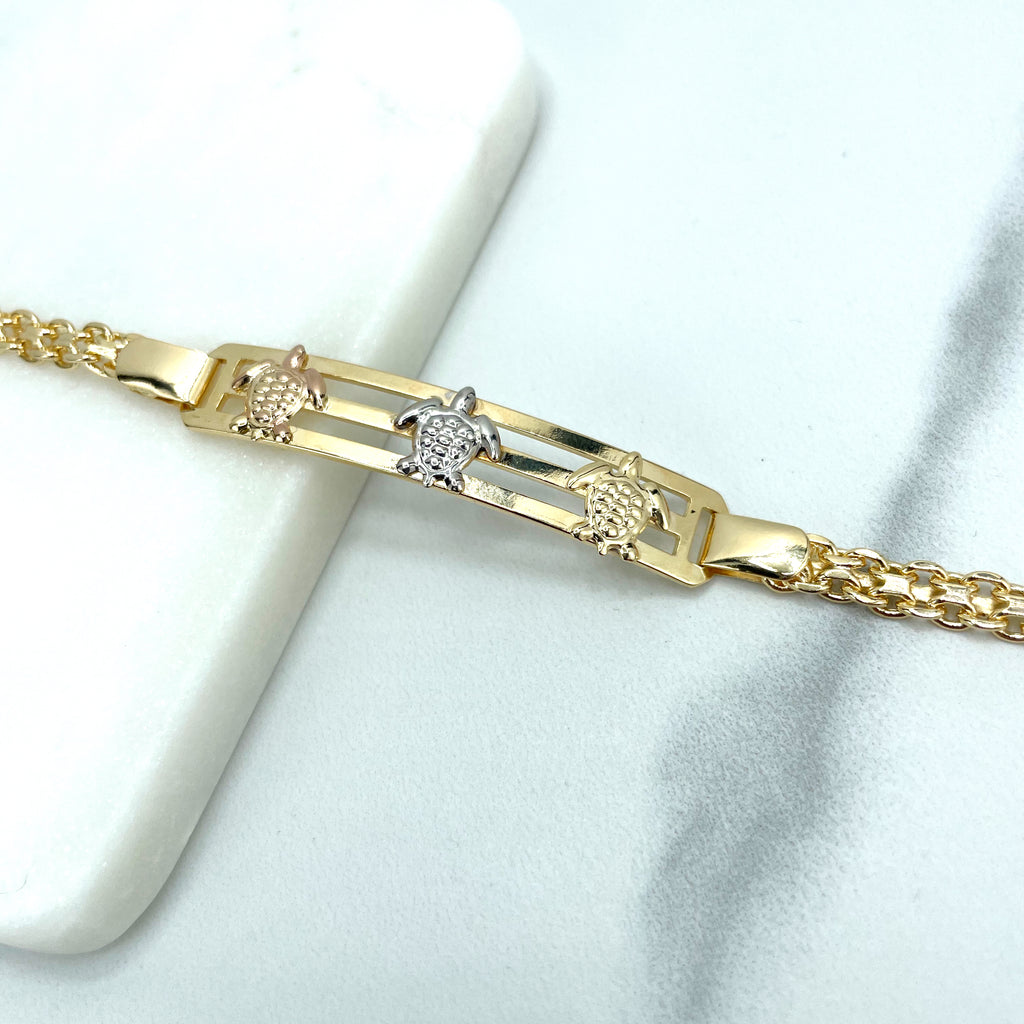 18k Gold Filled 5mm Popcorn Chain Three Tone Turtles ID Bracelet