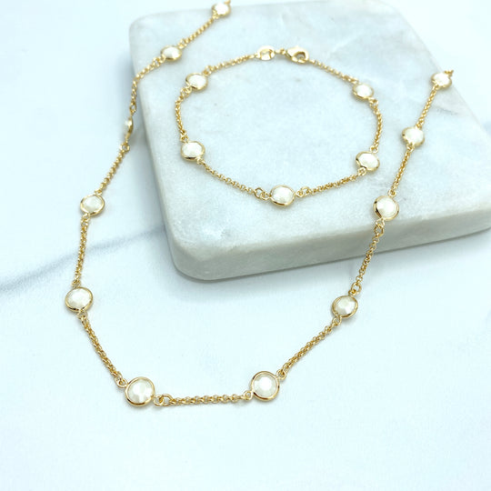 18k Gold Filled White Bead Crystal Linked 17.5" Chain or 7.5" Bracelet Set, White Beaded Chain