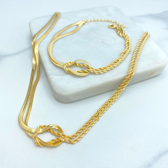 18k Gold Filled Front Knot Necklace or Bracelet, with Double Rope Chain & Snake Chain, Rope and Herringbone Chain with Double Knot Accent